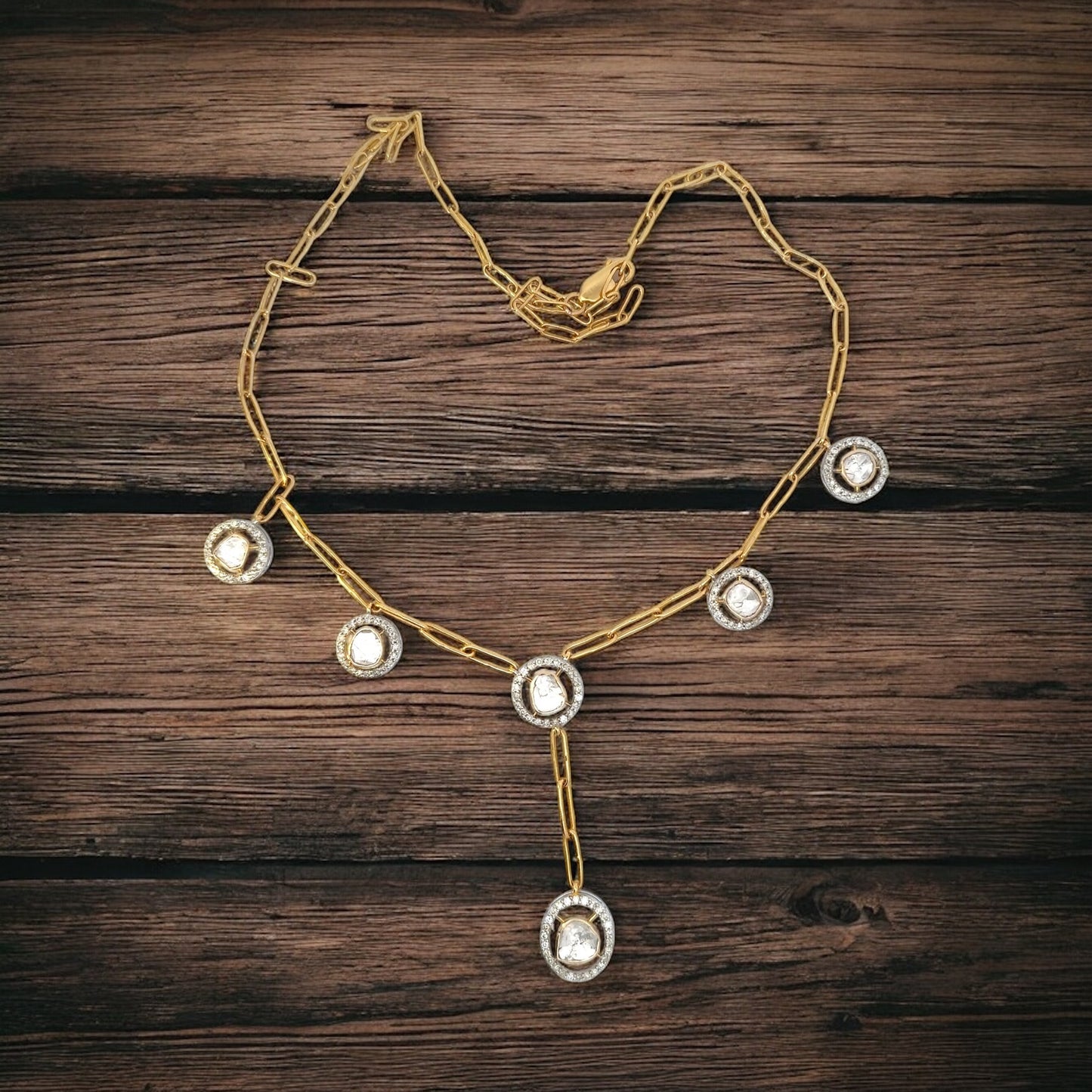 Yellow gold charm necklace set with Natural Uncut Diamonds