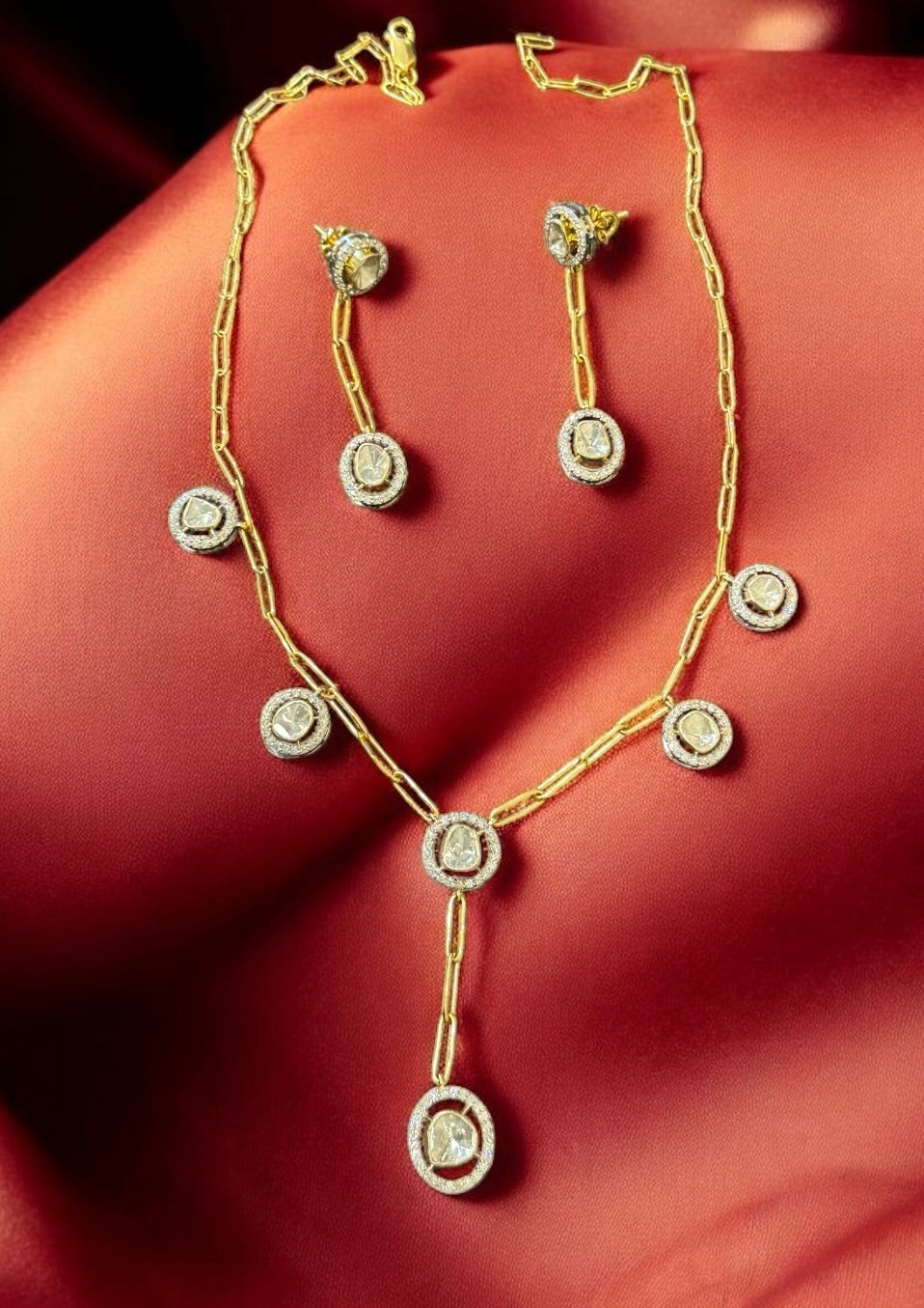 Yellow gold charm necklace set with Natural Uncut Diamonds