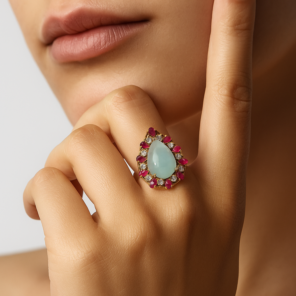 Vintage-Inspired Cocktail Ring – Opal, Ruby & Diamond Accents