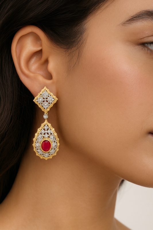 Heritage Ruby Drop Earrings with Antique Gold Finish