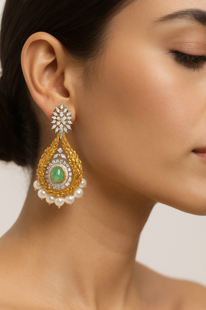 Regal Gold-Toned Drop Earrings with Green Stone & Pearls