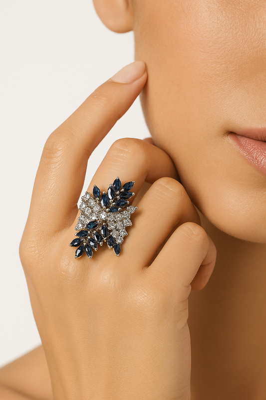 Exquisite Natural Sapphire & Diamond Cluster Cocktail Ring