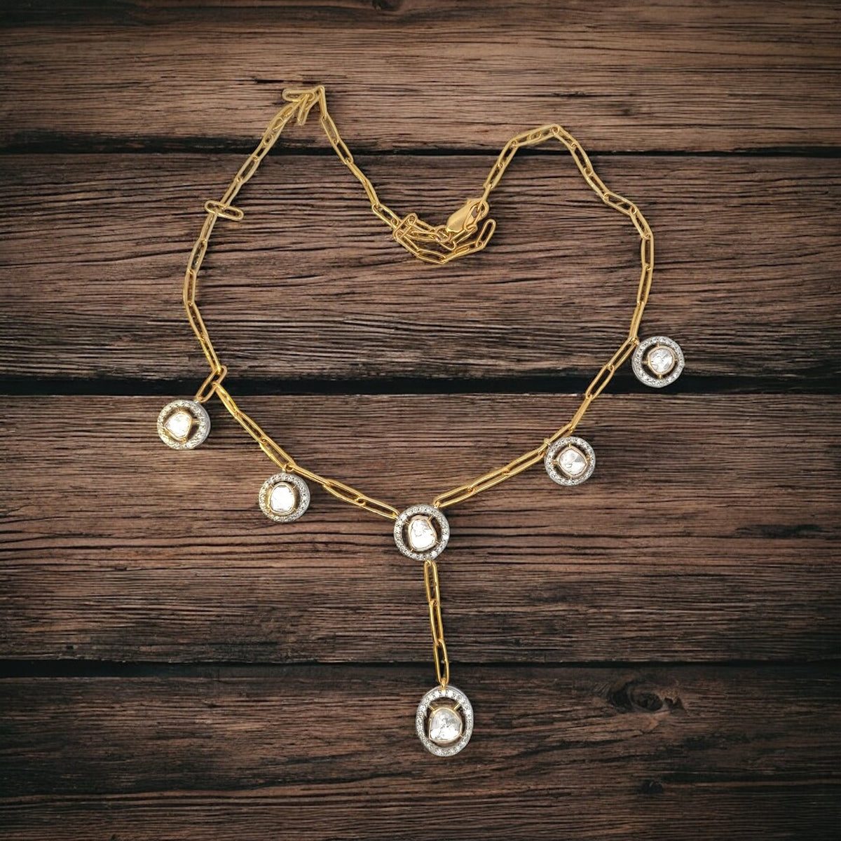 Yellow gold charm necklace set with Natural Uncut Diamonds