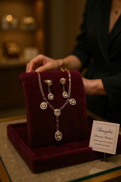 Yellow gold charm necklace set with Natural Uncut Diamonds