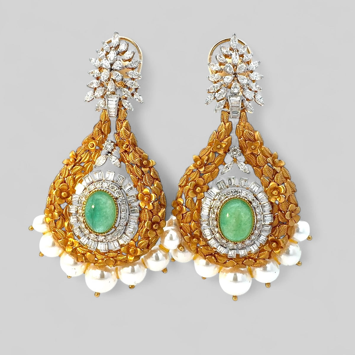 Regal Gold-Toned Drop Earrings with Green Stone & Pearls