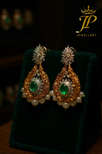 Regal Gold-Toned Drop Earrings with Green Stone & Pearls