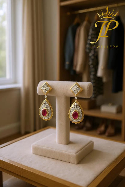 Heritage Ruby Drop Earrings with Antique Gold Finish