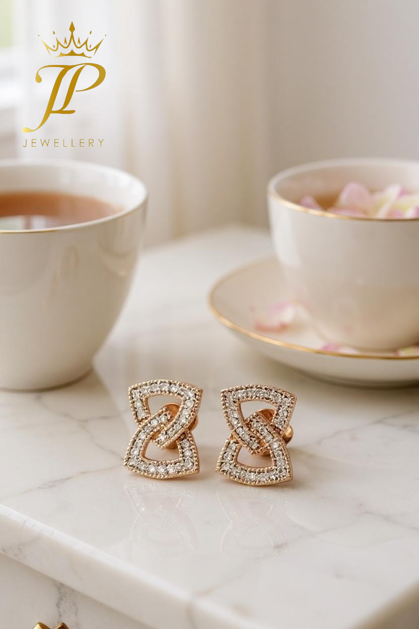 Interlinked Geometric Gold Stud Earrings with Pave Detailing