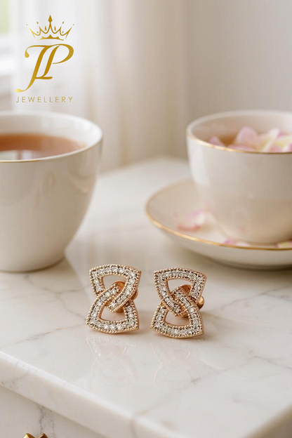 Interlinked Geometric Gold Stud Earrings with Pave Detailing