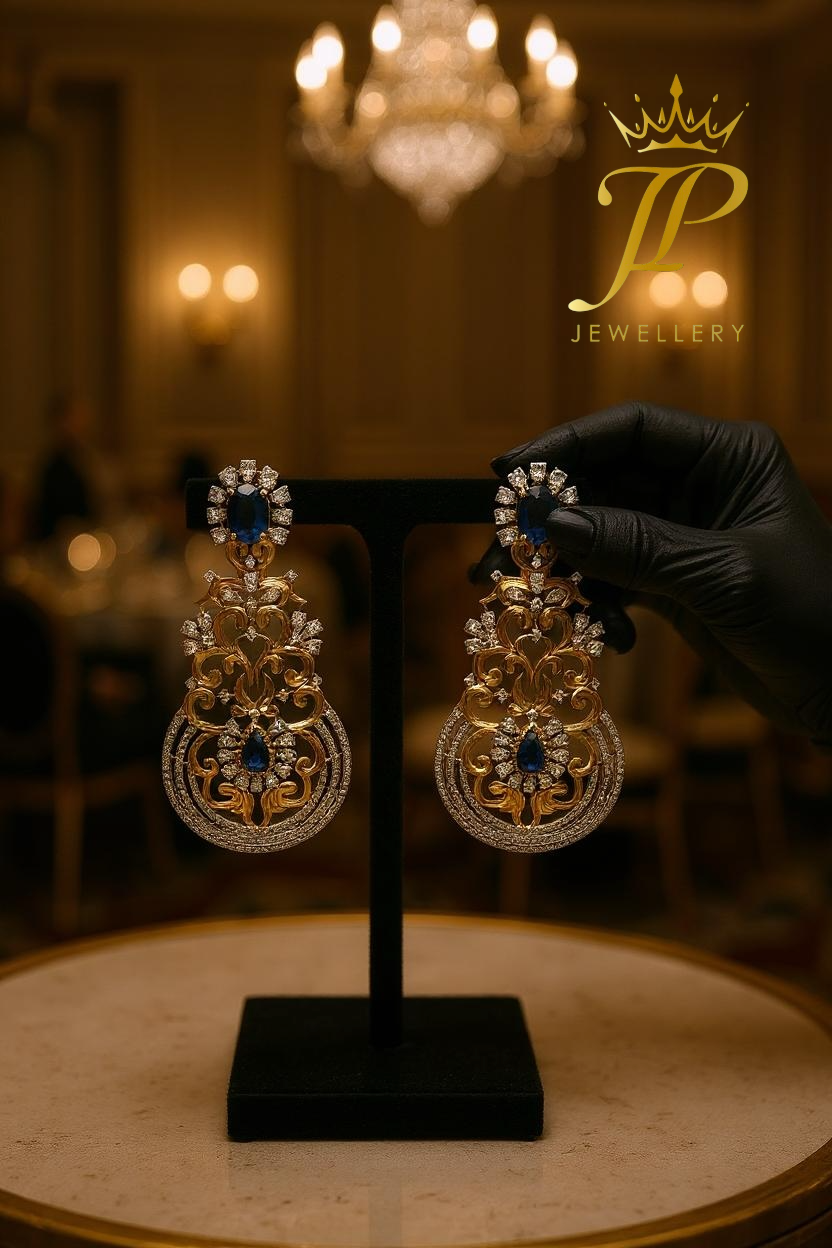 Regal Blue Sapphire & Diamond Stateement Earrings
