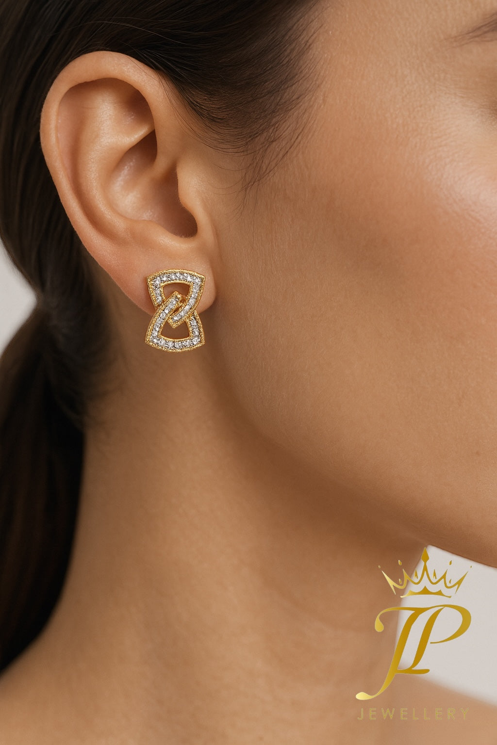 Interlinked Geometric Gold Stud Earrings with Pave Detailing