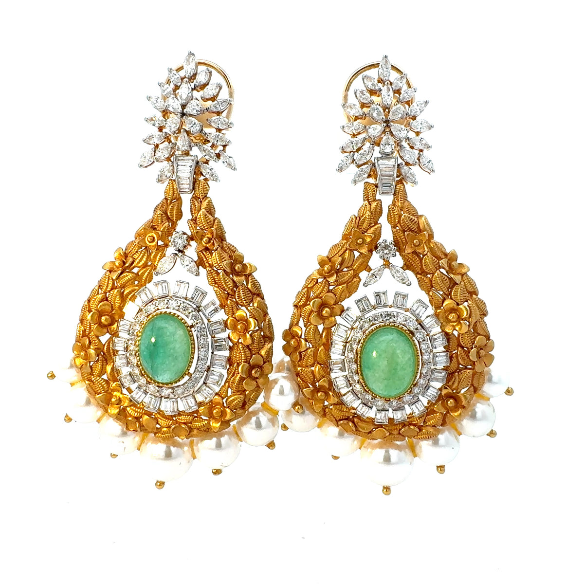 Regal Gold-Toned Drop Earrings with Green Stone & Pearls