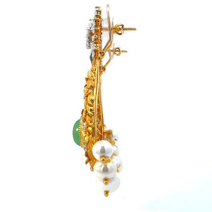 Regal Gold-Toned Drop Earrings with Green Stone & Pearls