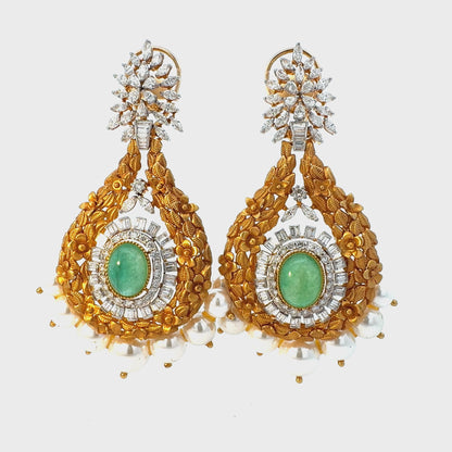 Regal Gold-Toned Drop Earrings with Green Stone & Pearls