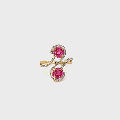 Double Ruby Halo Bypass Ring in 14K Gold