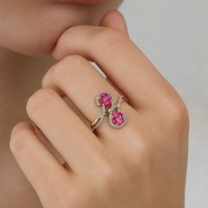 Double Ruby Halo Bypass Ring in 14K Gold